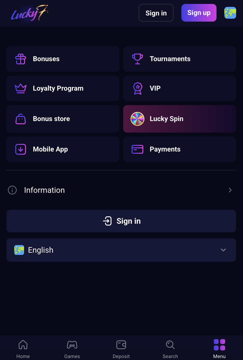 Lucky7even mobile menu